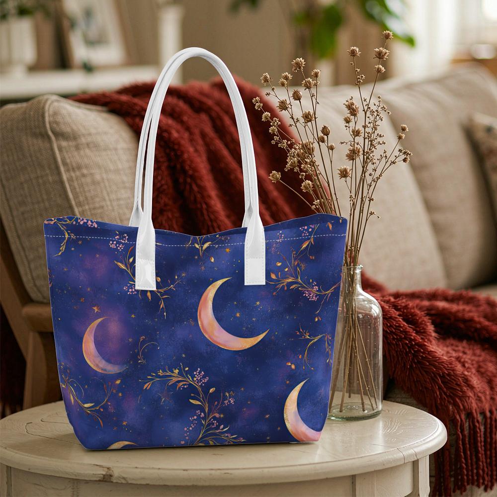 Moon Floral Printed Women Tote Bag Large Capacity Fashion Casual Daily Carry Shoulder Bag for Outdoor Shopping Travel