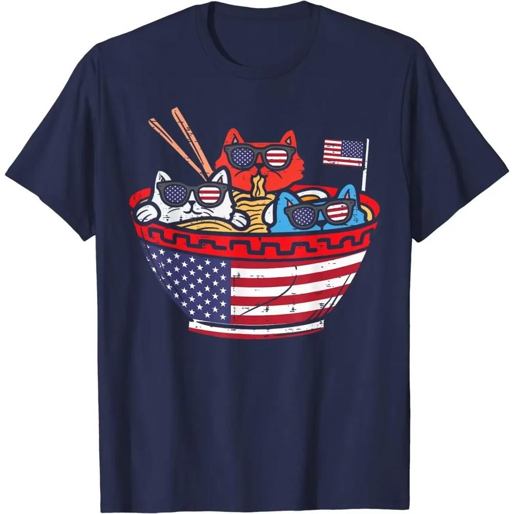 

Футболка с изображением кошек и рамена, американского флага США, прикольная, 4 июля, повседневная, хлопковая, на каждый день, футболки Four Seasons, винтажная футболка S темно-синий