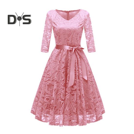 Women Prom Dress V Neck Back Zipper Bow Belt Tight Mid Waist Flower Embroidery A-line Loose Hem Long Sleeve Double Layers Elegant Party Banquet Midi