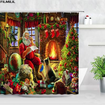 Retro Oil Painting Christmas Shower Curtains Santa Claus Garland Xmas Tree Vintage Fireplace New Year Decor Bathroom Curtain Set