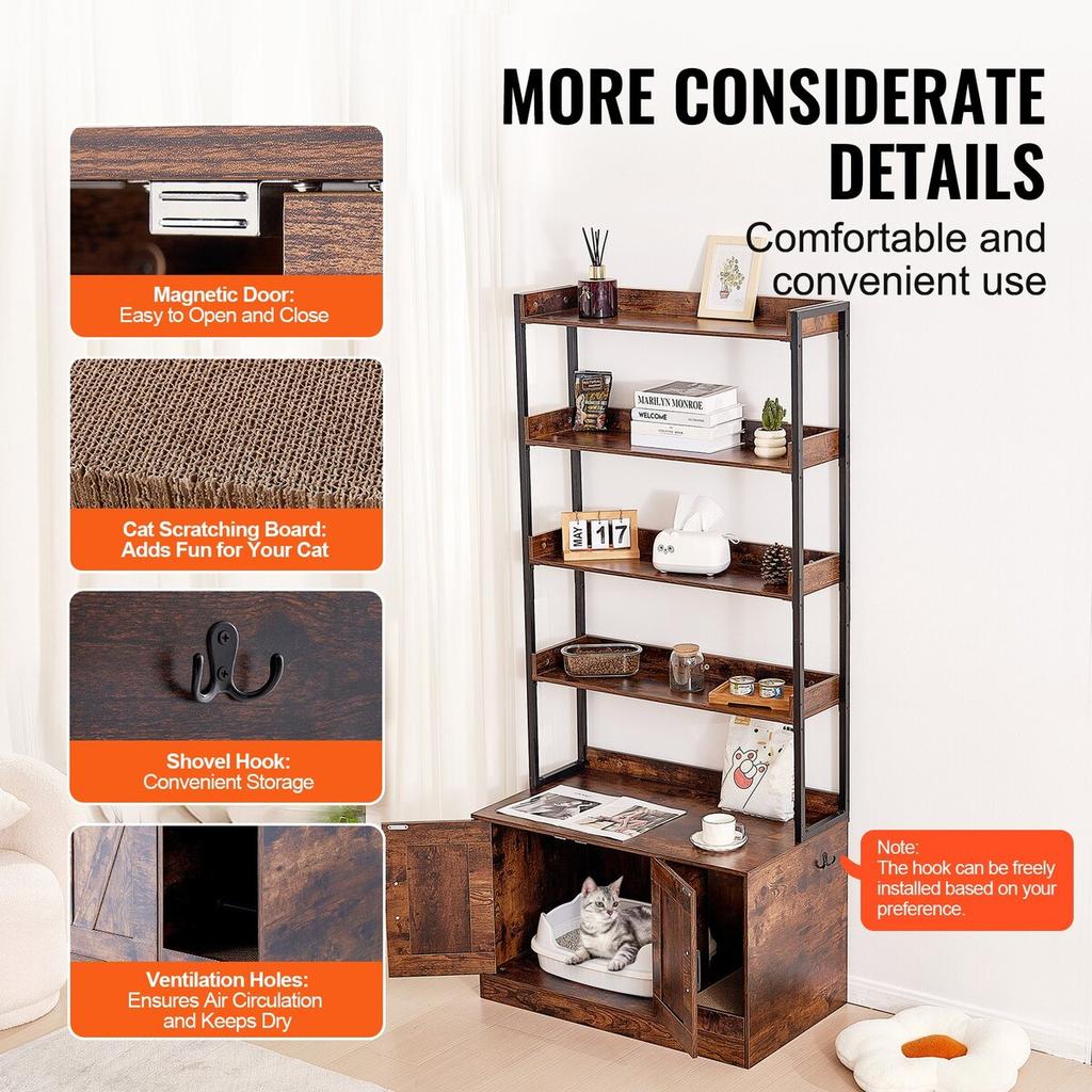 Cat Litter Box Enclosure Wooden Litter Box Furniture Hidden with 4 Shelves