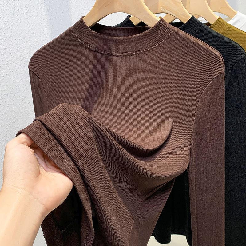 Women‘s Stand Collar Long Sleeve Slim Fit T-Shirt Solid Ribbed Casual Top Tee