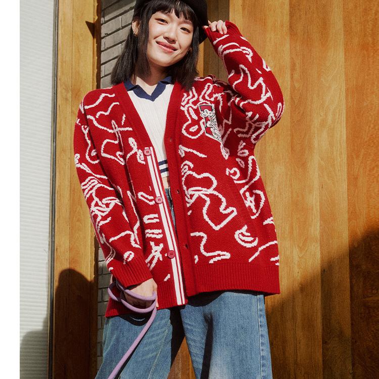 Li Ning Cny Wanshi Qingsong Series Brand Logo Pattern Embroidered V Neck Long Sleeve Knit Sweater Unisex Sweater Agate-Red AMBU245-1