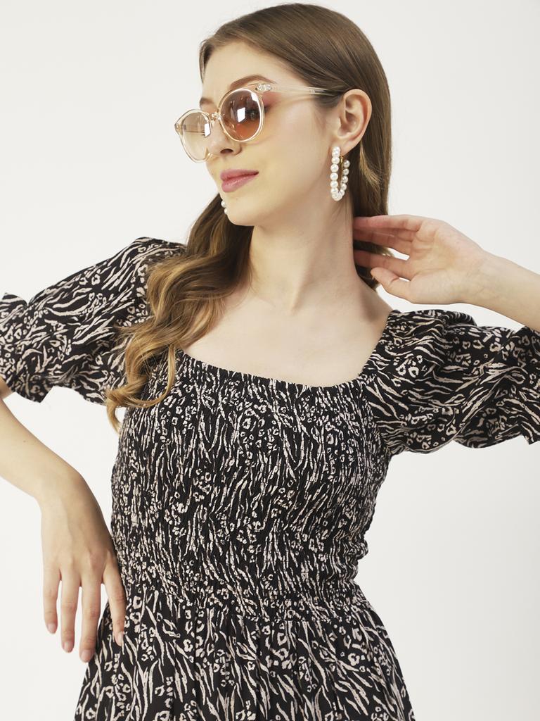 Moomaya Printed Viscose Rayon Summer Dress, Square Neck Smocked Long Dress