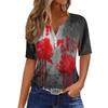 Womens Casual Halloween Printed V Neck Short Sleeve Button Down T Shirt Top for Daily Wear Holiday Party Outfit