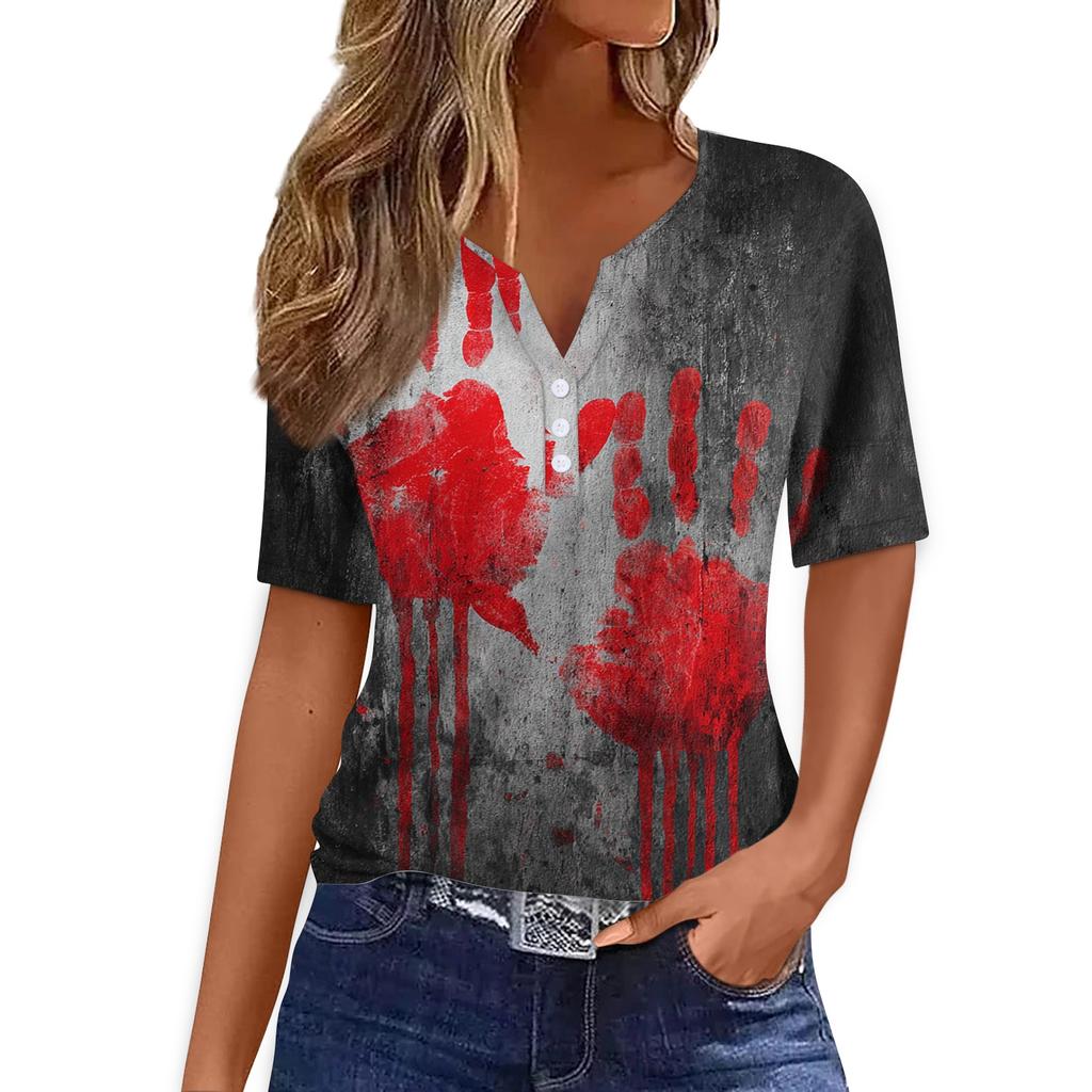 Womens Casual Halloween Printed V Neck Short Sleeve Button Down T Shirt Top for Daily Wear Holiday Party Outfit