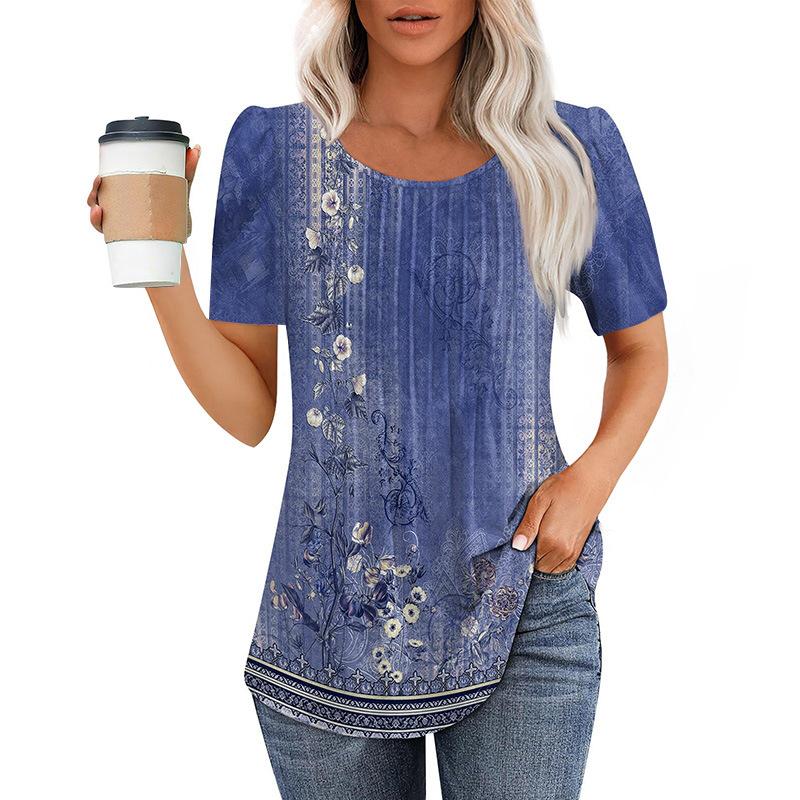 Neues plissee-Rundhals-Kurzarm-T-Shirt Damen-Oberteil Damenbekleidung