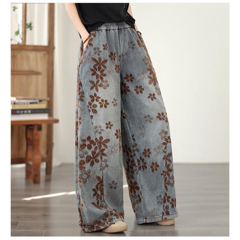 DIMANAF 2026 Summer New Plus Size Women Jeans Vintage Floral Elastic Waist Long Pants Loose Casual Denim Cotton Trousers Pants