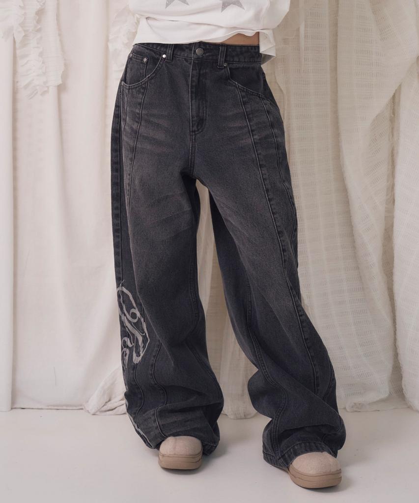 PRENDA Glitter Logo Vintage Washed Denim Pants Black