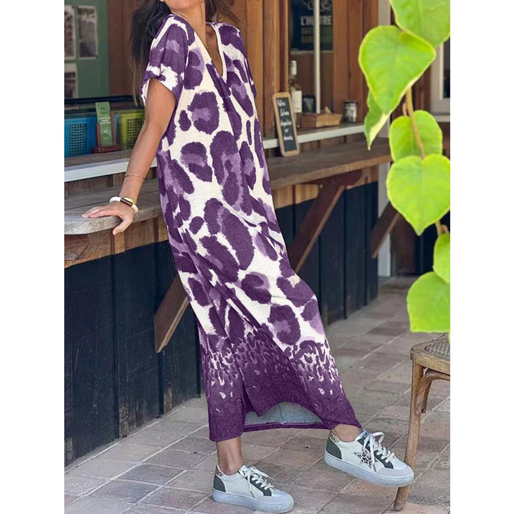 Dámské maxi šaty s véčkovým výstřihem a krátkým rukávem Volný střih Elastický pas Elegantní šaty s leopardím potiskem A-line pro jarní cestování na pláž