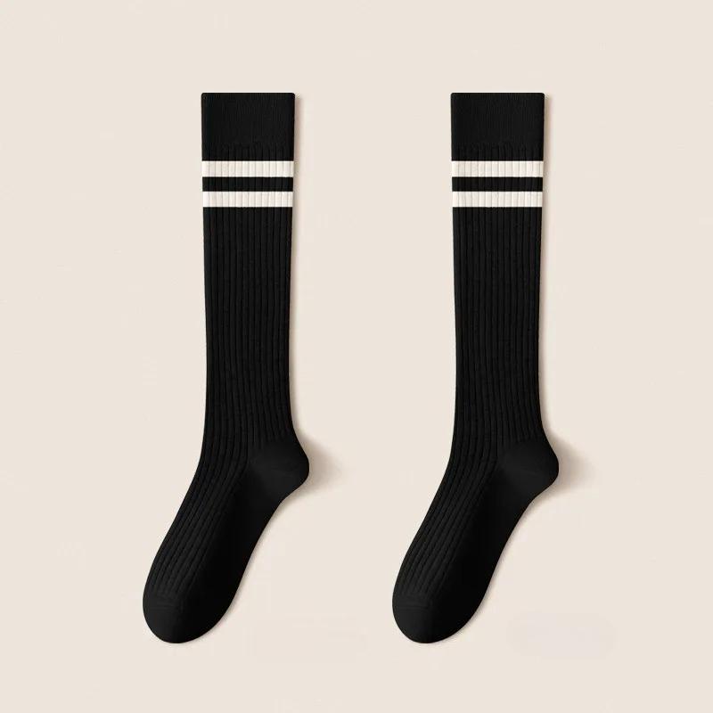 Women Striped Cotton Long Socks Japanese JK Black White Knee High Stockings Long Tube Leg Solid Color Girls Students Warm Socks