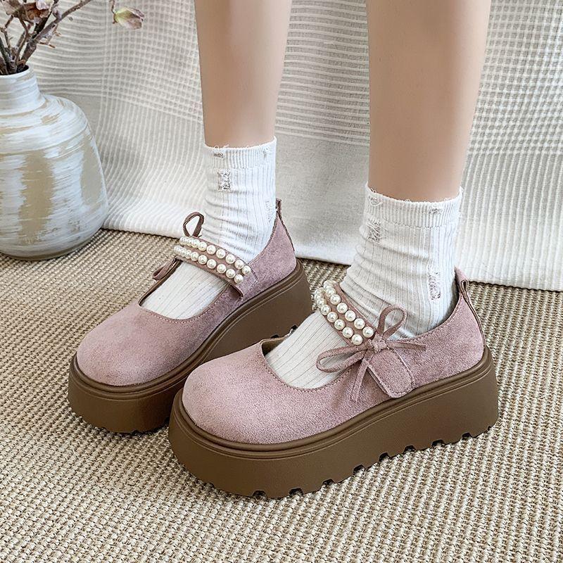 Non-slip muffin bag head shoes cute bow pearl thick sole heightening Mary Jane single shoes women's 2025 spring and autumn new models