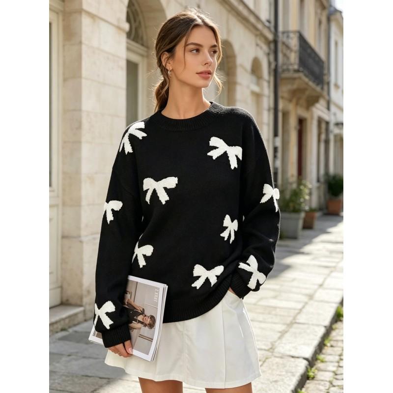 Womens Loose Fit Long Sleeve Knit Sweater With Bow Jacquard Round Neck Winter Casual Top