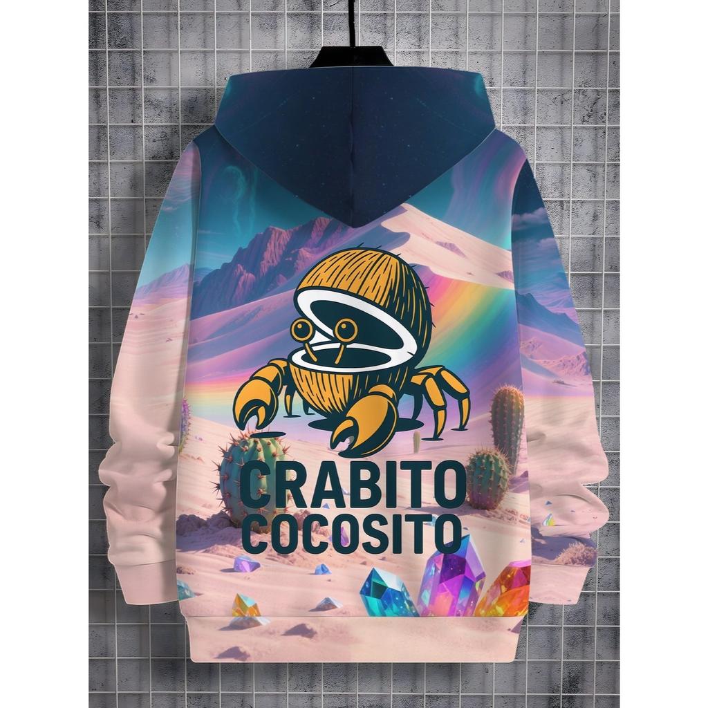 Boy's Crab and Coconut Pattern Hoodie - Long Sleeve Hoodie, Daily and Beach Travel, Bright Print, Soft Material, Children's Fashion