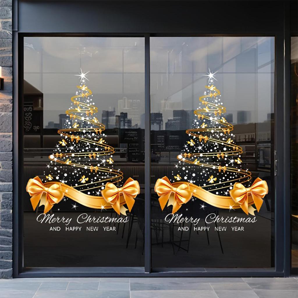 65x45cm Gold Christmas Tree Window Decals - Double-Sided Self-Adhesive Wall Mural Stickers for Holiday Home Office Decor