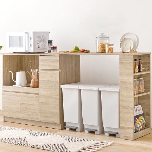 Hagiwara Extendable Kitchen Counter with Dish Cabinet and Microwave Stand (Adjustable from 104-178 cm Wide), Includes Outlets, Sliding Rails, Door Sto