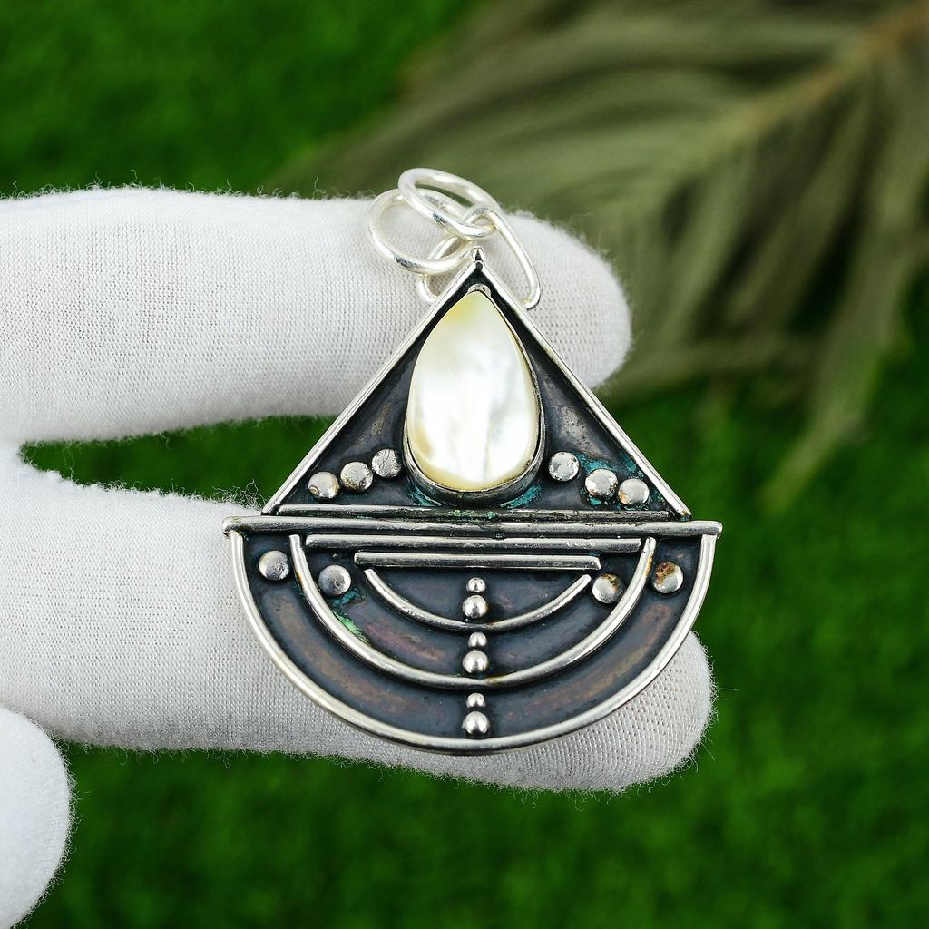 June Mother Of Pearl Stone Art Deco Bezel Birthday Engagement Pendant 925 Silver