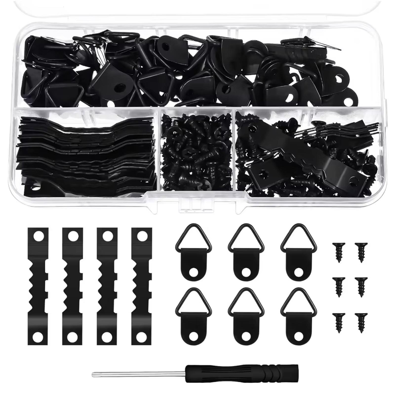 

251 Pcs Picture Hanging Kit - 50 Pcs Sawtooth Frames 50 Turn Buttons 150 Screws 1 Screwdriver for Hanging Photos Artwork One Size чёрный