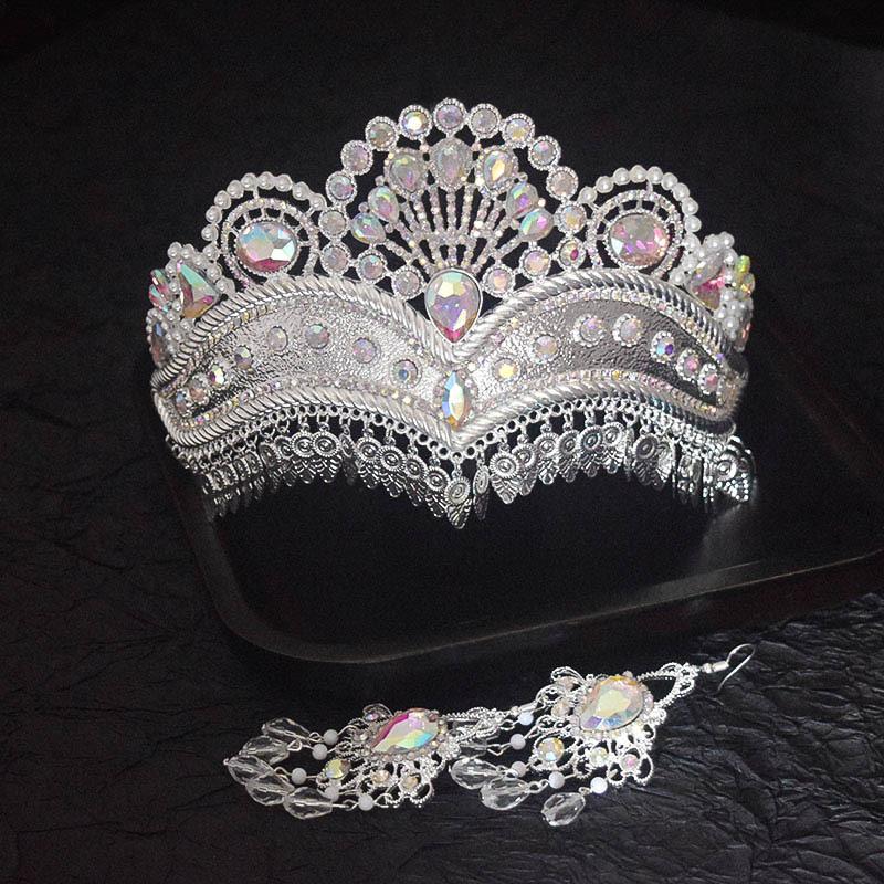 Ethnic Style Dance Luxury Pearl Gold Crown Hollow Design Bridal Wedding Decoration Alloy Crown Earrings