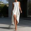 Women's Cotton Linen Sleeveless Midi Dress Crew Neck Asymmetric Hem Tank Dress Summer Casual Beach Sundress