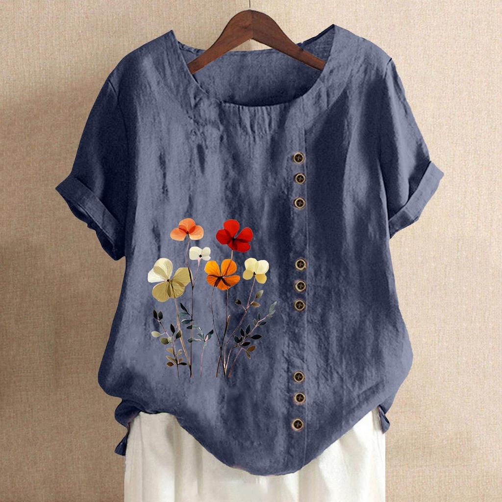 Women's Fashion Casual Round Neck Short Sleeve Cotton And Linen Printed T-shirt Top