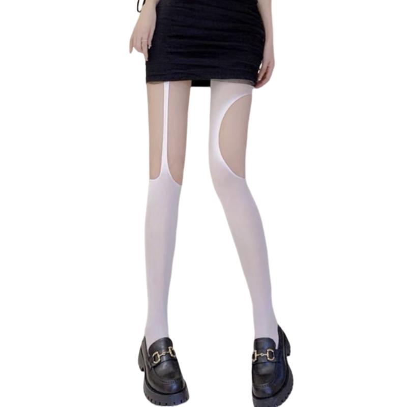 Women Aesthetic Sexy Side Crisscross Hollowed Out Thigh Stockings Tights Goth Rose Flower Patterned Suspender Pantyhose