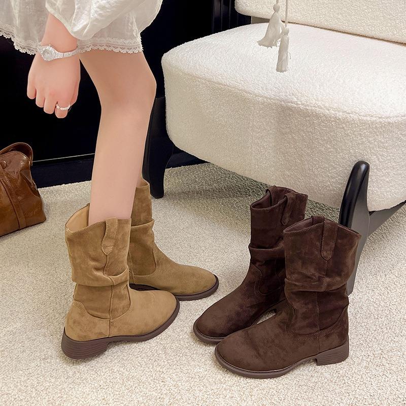 Suede Western Pile Boots Women's New Autumn Fashion Maillard Style Thick Heel Small Medium Tube Martin Boots