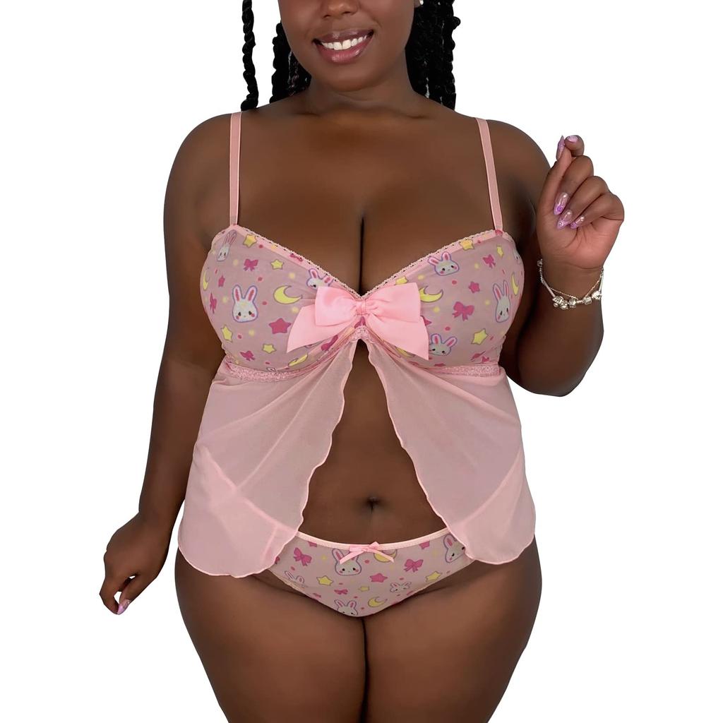 [LittleForBig] Women's 2-Piece Lingerie Set [Rabbit Moon Print] Sleepwear with Lace Hem and Front Opening, Straps, and V-Neck Underwear, Size M