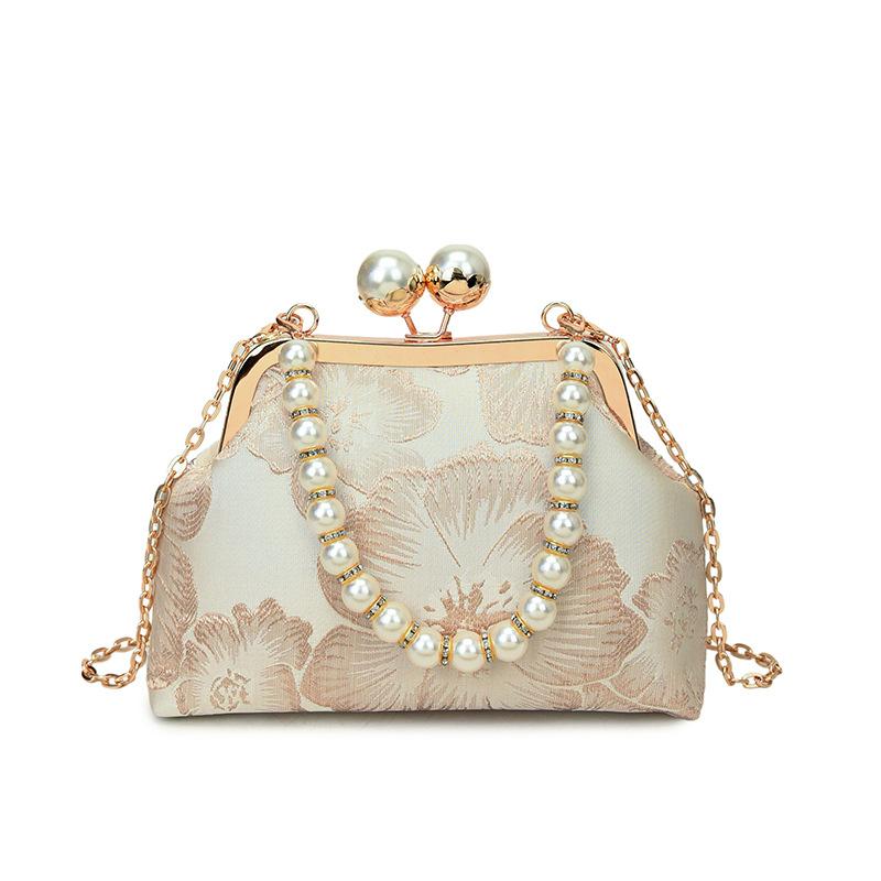 Модная ретро-стиль изысканная вышивка цветок имитация жемчуга цепочка женская вечерняя сумка универсальная наплечная сумка-мессенджер золотой