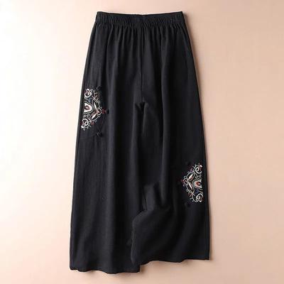Women's Summer Cotton Linen Thin Section Casual Pants Ethnic Style Embroidery Nine-minute Wide-legged Pants