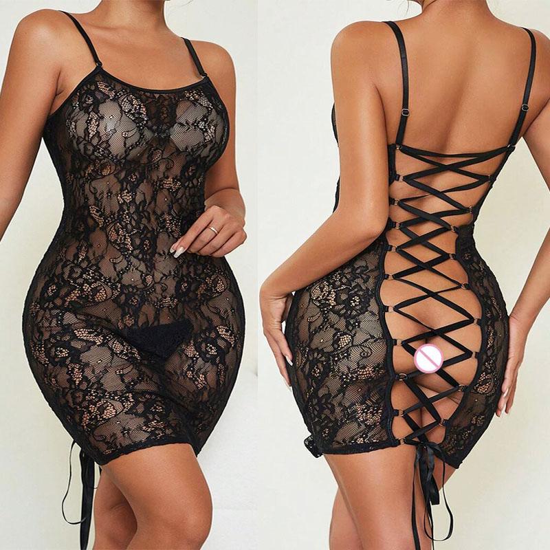 Fashion Sheer Cross-Tie Bodysuit Woman Sexy Lingerie Erotic Leopard Print Short Dress Lace Underwear Backbare Bodysuit Sexy Set