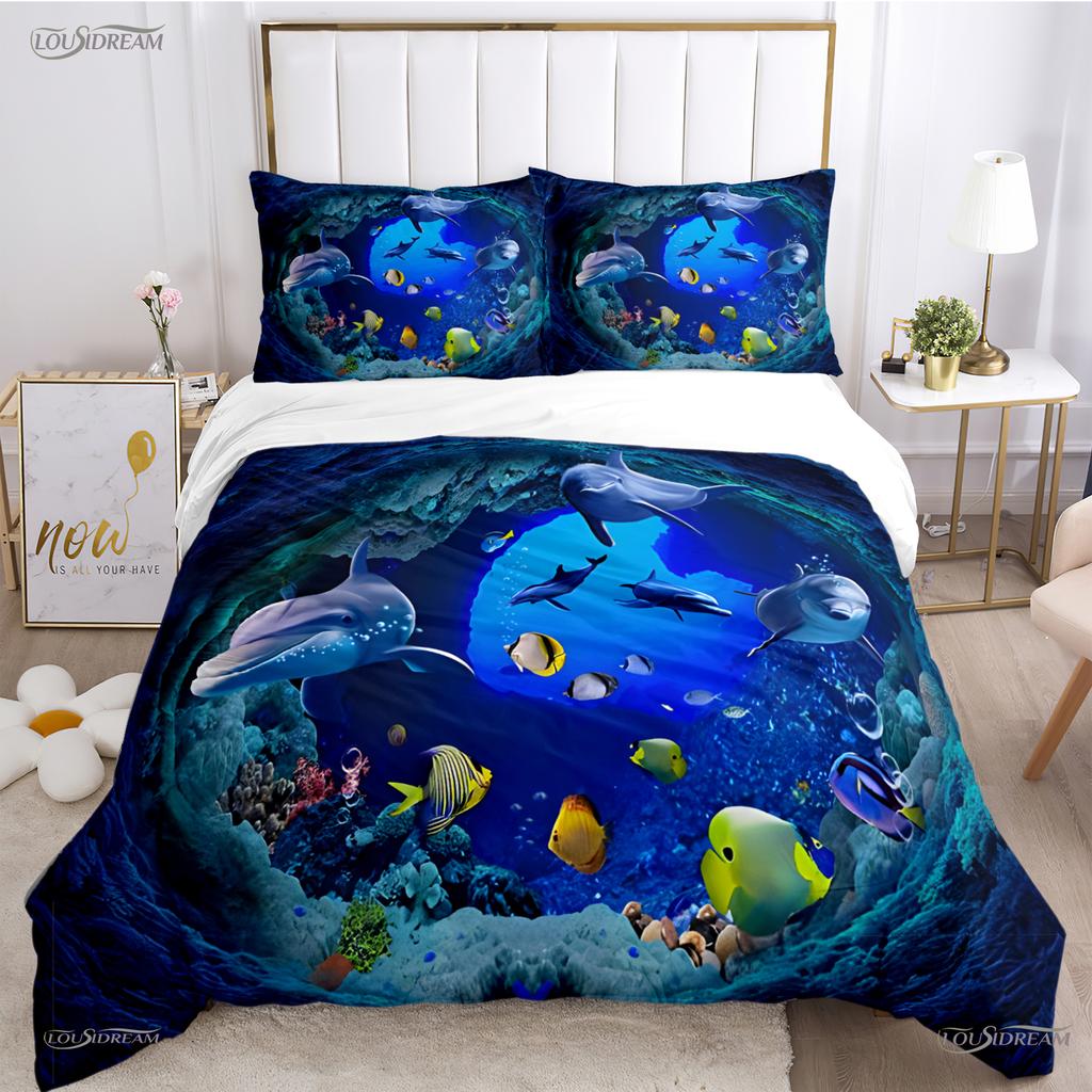 Comforter 3D Ocean World Dolphin Whale Fish Comforter Beding Set Soft And For Single/Double/Queen/King