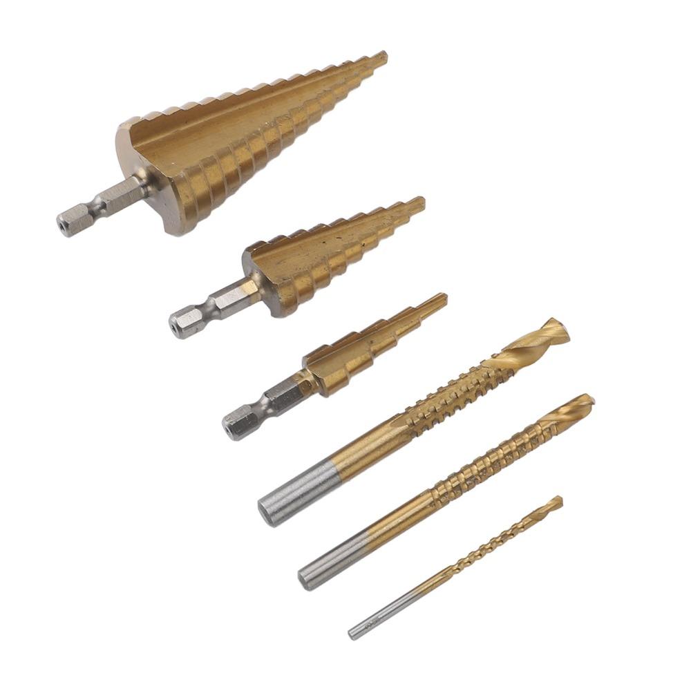 6pcs High Speed Steel Step Drill Bit Set Hex Shank High Speed Steel Bits Woodworking