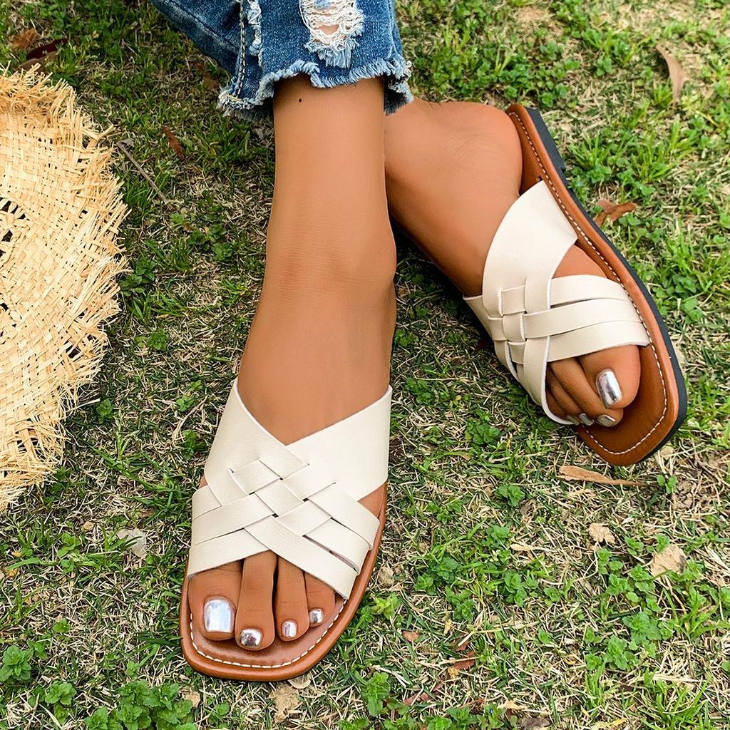 Foreign Trade Large Size Square Head Woven Solid Color Slippers Women's 2025 New Versatile Casual Flat Bottom Outer Wear Large Size Women's Slippers