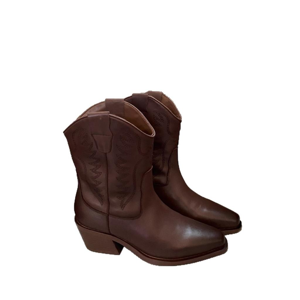 2025 new leather first layer cowhide retro western cowboy boots women's thick heel medium tube British Martin boots