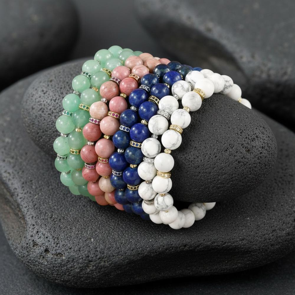 Elegant Semi-Precious Stone Beaded Bracelet - Light Luxury, High-End, Versatile Elastic Round Beads for Couples