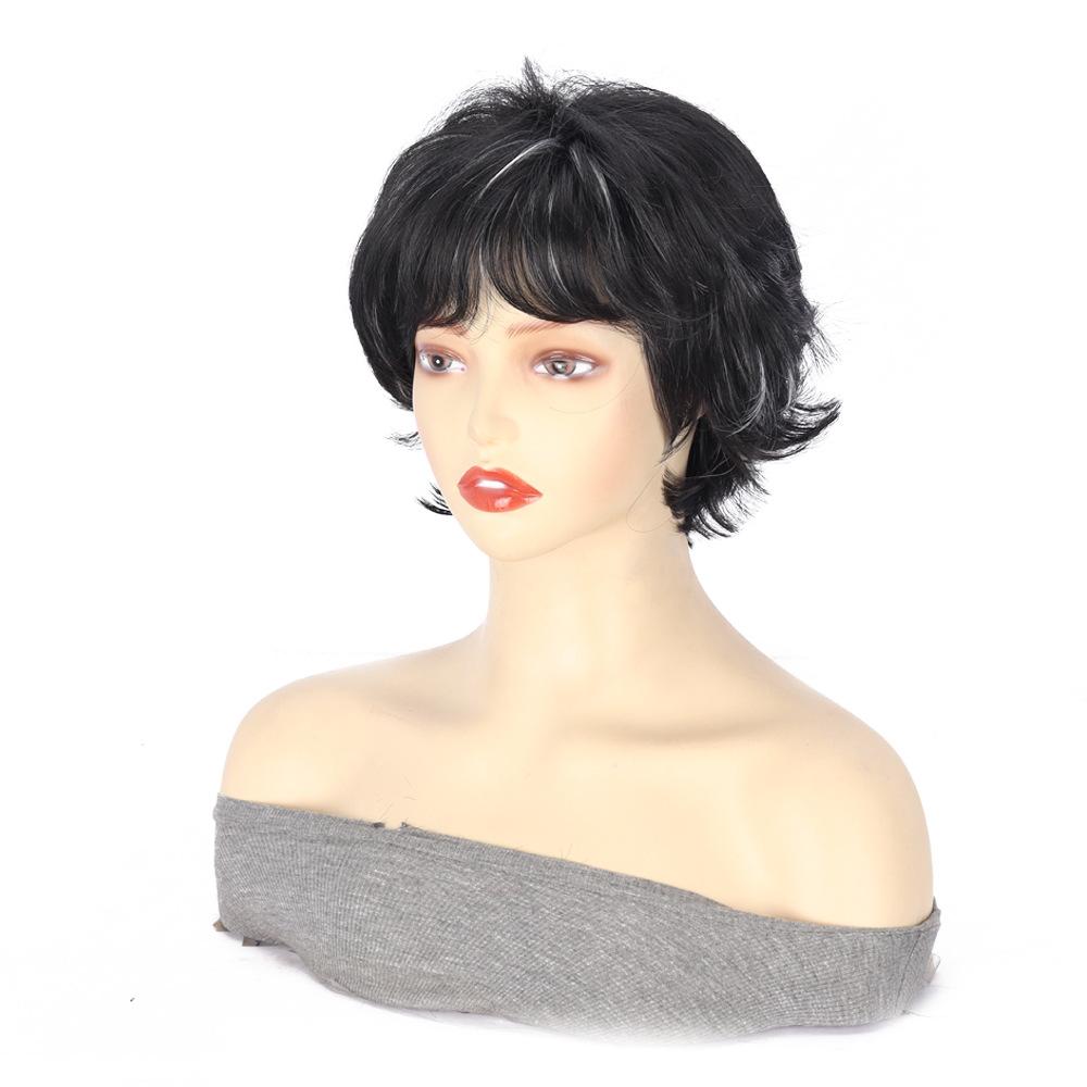 Ladies' Black and White Slanted Bangs, Short Curly Hair