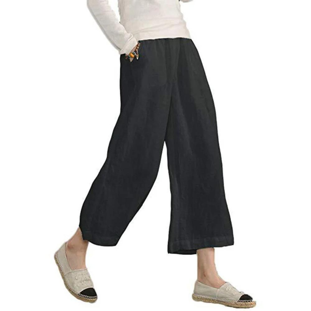 2Women's Linen Cotton Elastic Waist Wide Leg Casual Pants