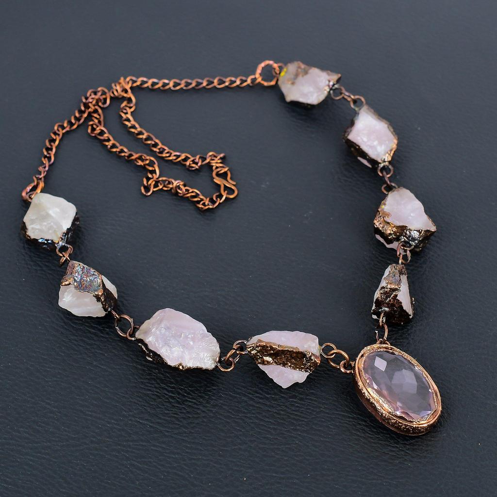 Rose Quartz Necklace Gemstone Jewelry, Copper Electroformed Adjustable Chain Necklace, Gift For Women Handmade Necklace