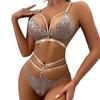 2 Pcs/Set Bra Briefs Set See-through Lace Embroidery Hollow Out Multi Straps Solid Color Thin High Waist Night Honeymoon Valentines Day Underwear Set