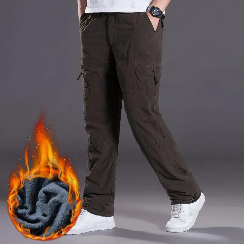 Men Winter Fleece Casual Thick Double Layer Warm Cargo Pants Youth Design Multi-pocket Thermal Trousers