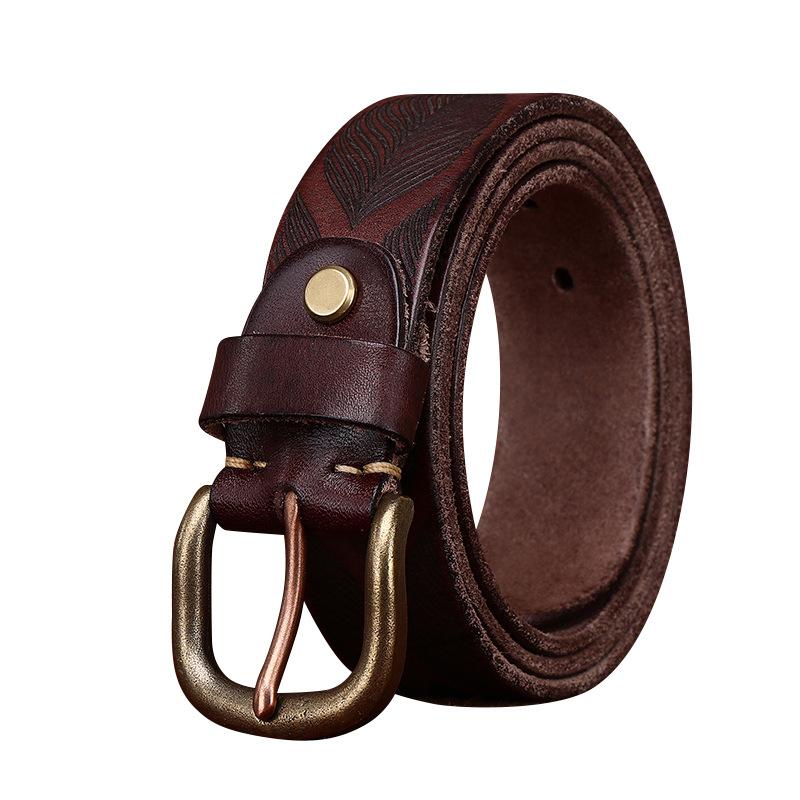 3.8Cm Wide Washed Retro Personalized Embossed Vegetable Tanned Belt Men'S Genuine Leather First Layer Cowhide Pin Buckle Belt Men'S Trendy