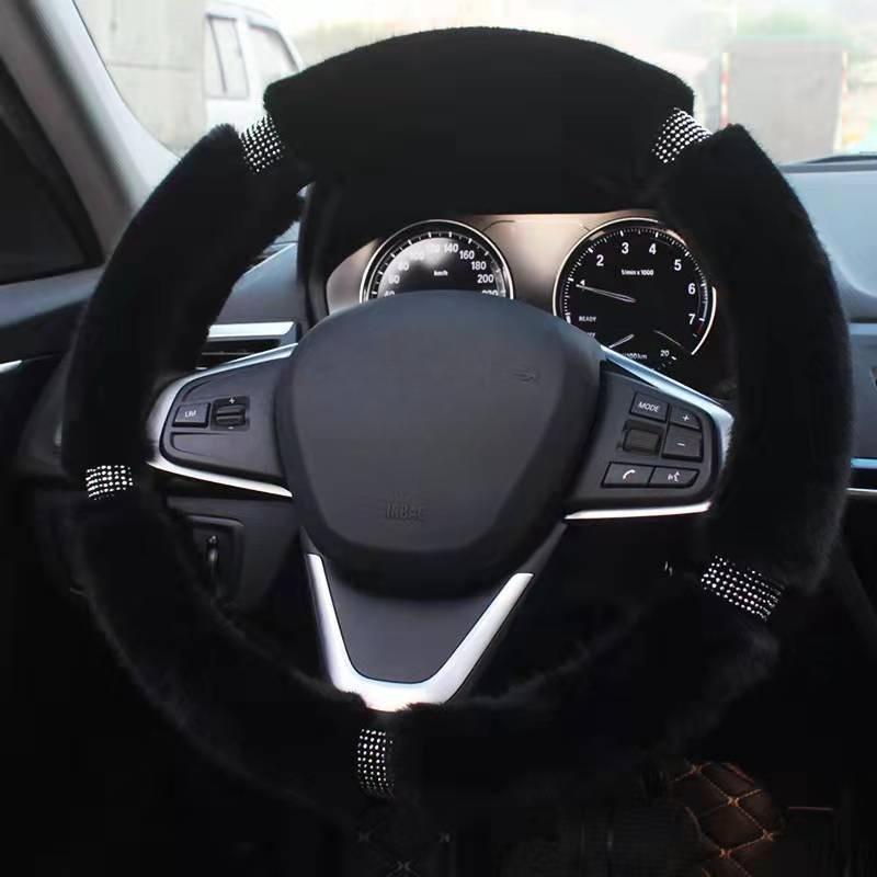 38cm Imitation Mink Fur Car Steering Wheel Cover Warm Plush with Rhinestones Elastic Handle Warmth Luxury Steering Covers