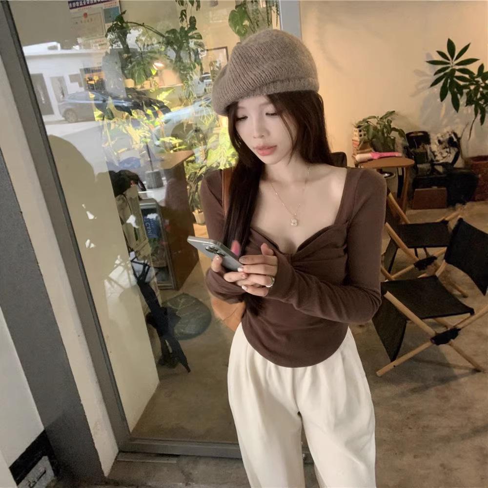 2025 Autumn/Winter Women's Coffee Bowknot Slim Fit Long Sleeve Base Layer Top