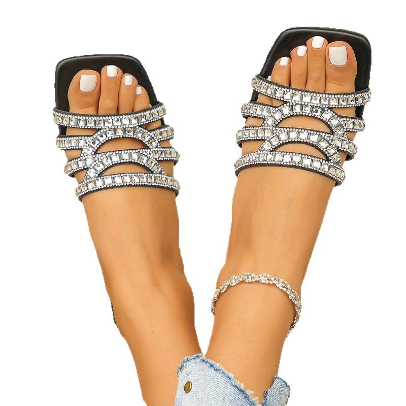 Women's Wide Width Crystal Embellished Slides - Solid Color Lightweight Mules for Summer, Casual Flat Sandals