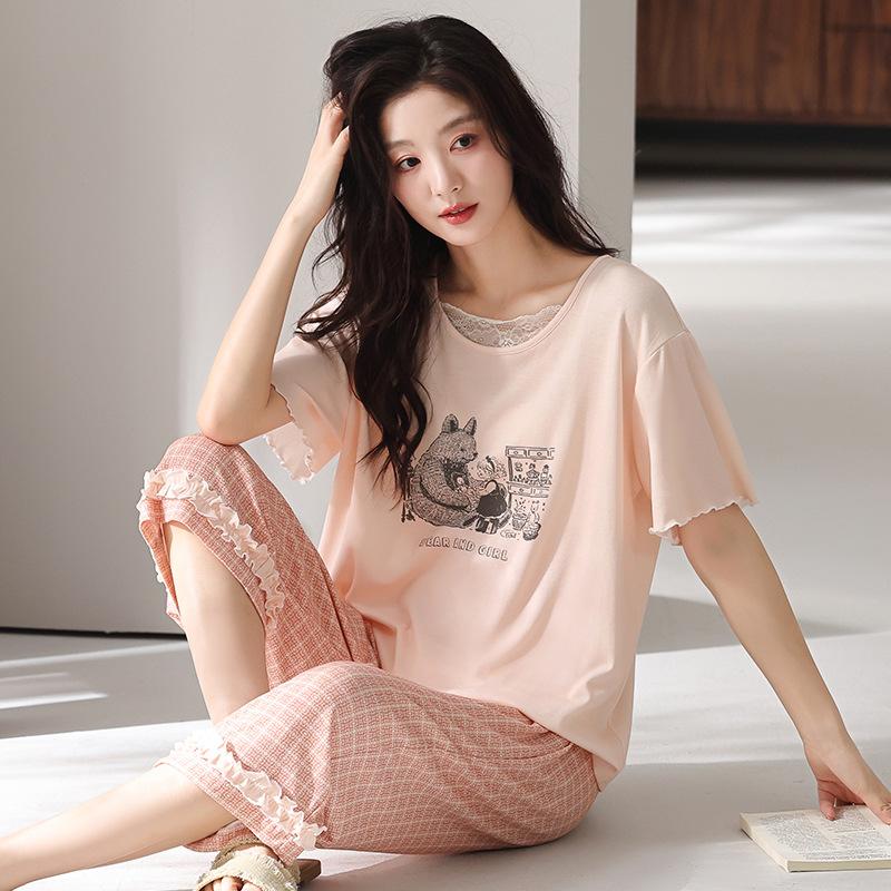 Pajamas women's summer thin Modal cotton short-sleeved cropped pants 1011 new floral loungewear cotton and silk suit