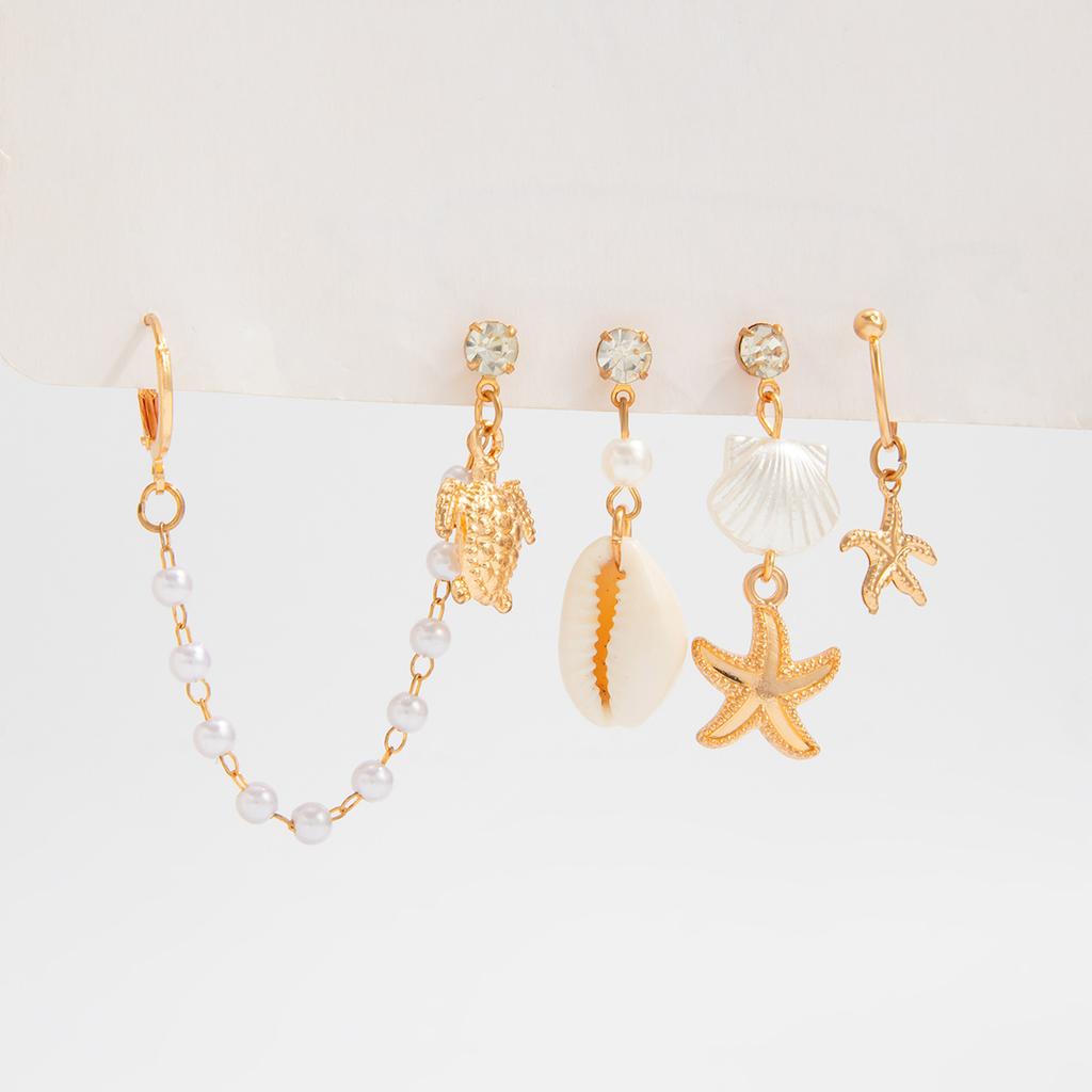 Creative Ocean Style Starfish Scallop Tassel Ear Clips Set Imitation Pearl Vintage Turquoise Pendant Stud Earrings for Women