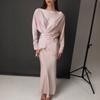 Women's Loose Skirt Suit Long Sleeve Blouse Elastic Waist Mermaid Skirt Satin Solid Elegant Two Piece Party Matching Set
