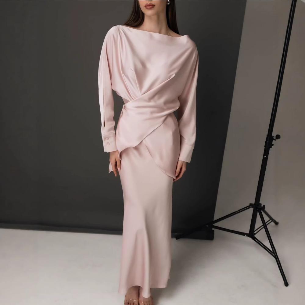 Women's Loose Skirt Suit Long Sleeve Blouse Elastic Waist Mermaid Skirt Satin Solid Elegant Two Piece Party Matching Set