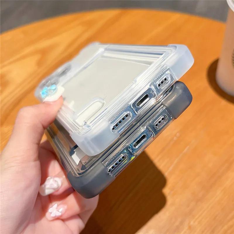 Four Corner Anti Falling Card Slot Bag Transparent Phone Case For iPhone 13 12 11 14ProMax 15ProMax 15 Plus Soft Silicone Cover